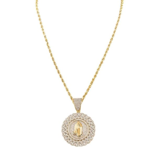 I1 -H 1.30 Ct Genuine Natural Real Diamond Iced Out 2.2" Round Praying Hand 14K Yellow Gold/White Gold Pendant with Authenticate Certificate