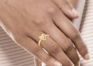 Dual Heart Band Diamond Ring SI1 H 0.11 Ct Round Cut 14K Solid Yellow Gold Authenticate Certificate