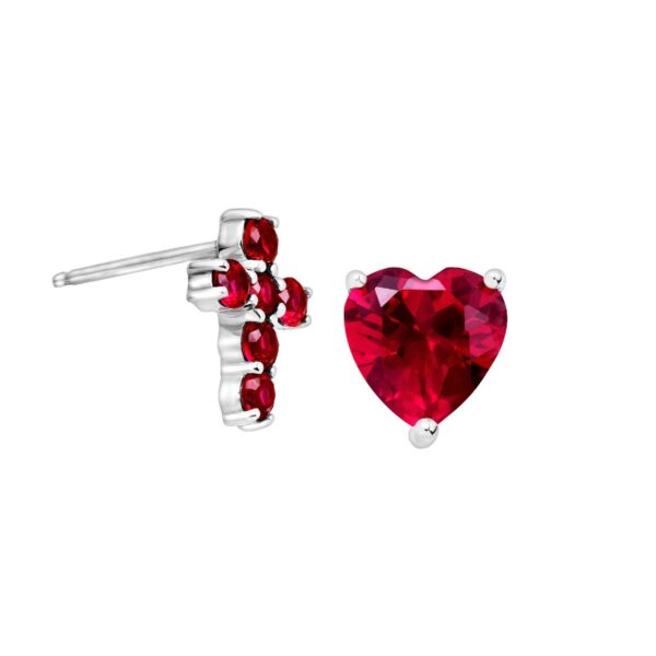 Cross and Heart Mismatch Stud 2.72ct Ruby Stone 14kt Solid Yellow Gold/White Gold/Rose Gold Certified Mismatch Earrings