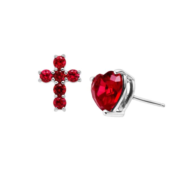 Cross and Heart Mismatch Stud 2.72ct Ruby Stone 14kt Solid Yellow Gold/White Gold/Rose Gold Certified Mismatch Earrings