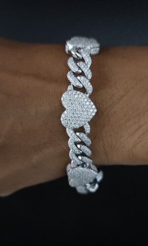 Iced Out Heart Cuban Link Bracelet Made in 925 Sterling Silver Embellished With Shinny Moissanite Diamonds For Birthday And Anniversary Gift