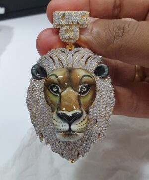 Iced Out 3D Lion Face Enamel Pendant Made in 10 KT Gold Embellished With Shinny Moissanite Diamonds For Birthday And Party Gift