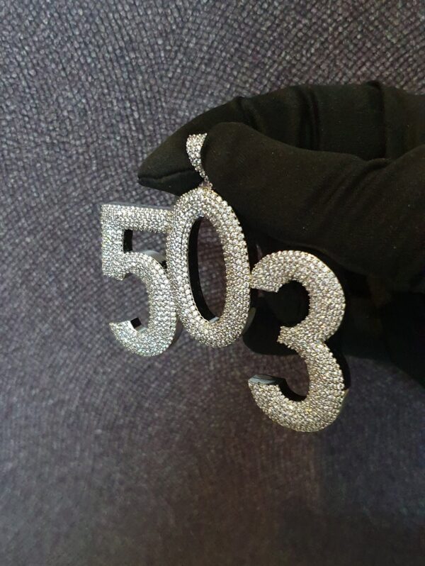 Iced Out 1.75" Long 3" Wide 3 Digit Number made in 925 Sterling Silver Studded With Shinny Moissanite Diamonds In Any number can be Made