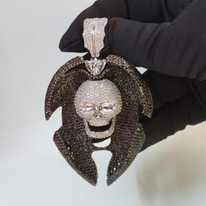 Iced Out Skull Pendant Made In 925 Sterling Silver Embellished With Shinny Moissanite Diamonds For Birthday , Halloween or Themed Parties