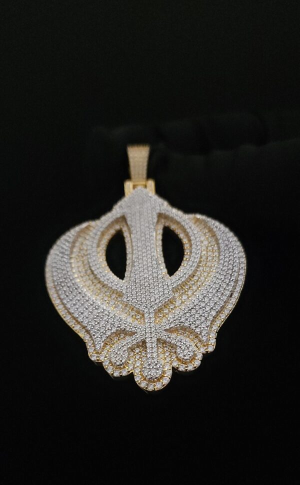 Iced out 3D Two Tone Khanda Pendant in 925 Sterling Silver Embellished With VVS Moissanite Diamonds, Sikh Religious Pendant Style, Gift