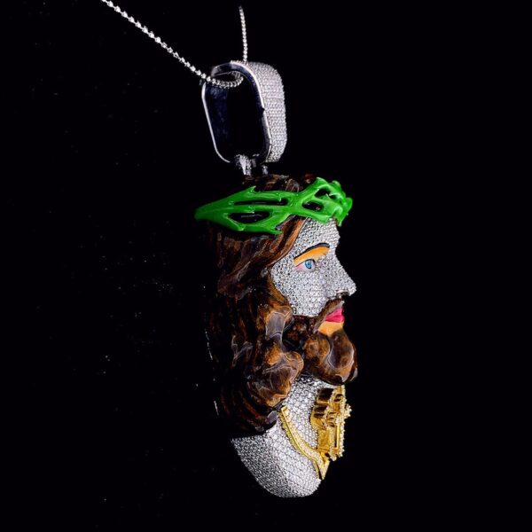 Iced Out Jesus Face Enamel Pendant Made in 925 Sterling Silver Embellished With Shinny Moissanite Diamonds For Religious And Memorial Gift