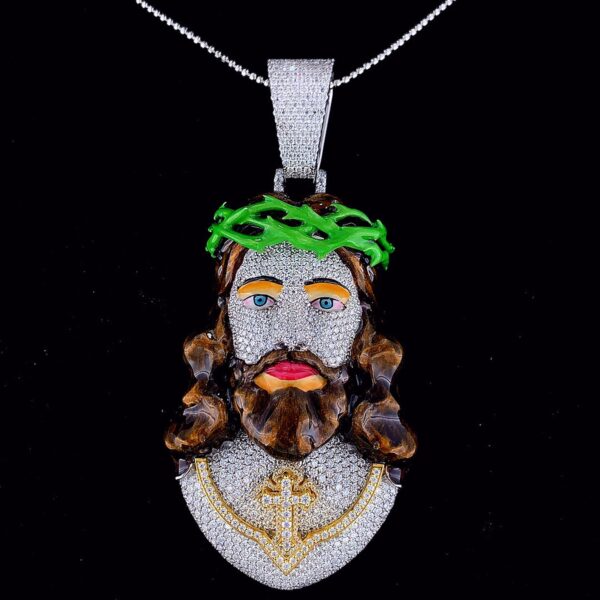 Iced Out Jesus Face Enamel Pendant Made in 925 Sterling Silver Embellished With Shinny Moissanite Diamonds For Religious And Memorial Gift