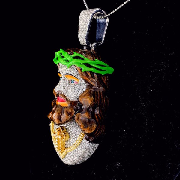 Iced Out Jesus Face Enamel Pendant Made in 925 Sterling Silver Embellished With Shinny Moissanite Diamonds For Religious And Memorial Gift