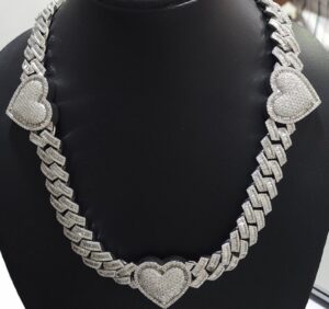 Iced Out Heart Cuban Link Chain Made in 925Silver Embellished With Shinny Moissanite Diamond For Birthday Gift Available In Different Inches