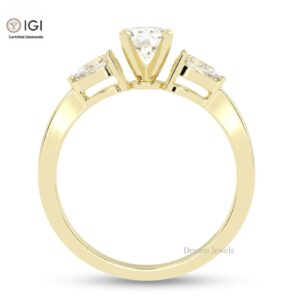 Round Solitaire Women's Ring With Two Pear Stone on Side Made in 18kt Gold Studded With VVS Lab Grown Diamond, Engagement Wedding Ring, Gift
