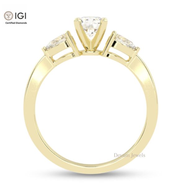 Round Solitaire Women's Ring With Two Pear Stone on Side Made in 18kt Gold Studded With VVS Lab Grown Diamond, Engagement Wedding Ring, Gift