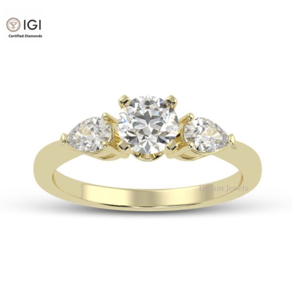 Round Solitaire Women's Ring With Two Pear Stone on Side Made in 18kt Gold Studded With VVS Lab Grown Diamond, Engagement Wedding Ring, Gift