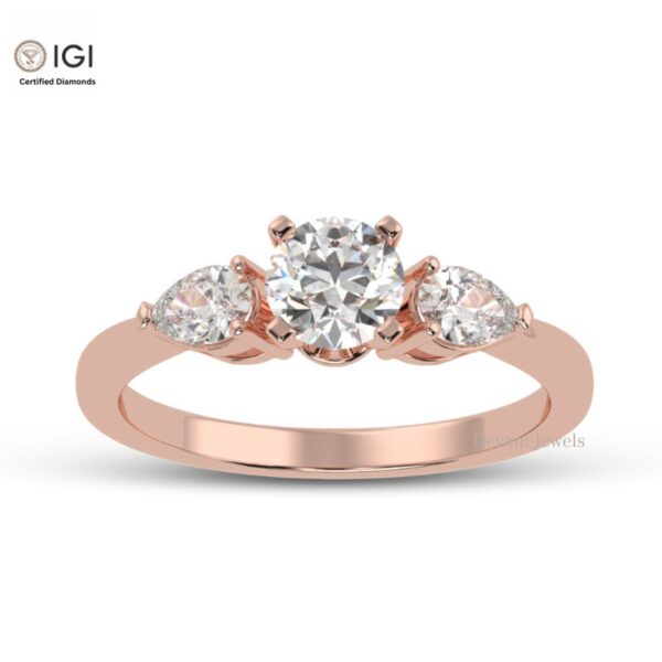 Round Solitaire Women's Ring With Two Pear Stone on Side Made in 18kt Gold Studded With VVS Lab Grown Diamond, Engagement Wedding Ring, Gift