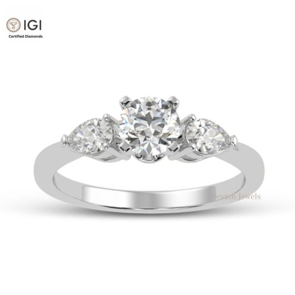 Round Solitaire Women's Ring With Two Pear Stone on Side Made in 18kt Gold Studded With VVS Lab Grown Diamond, Engagement Wedding Ring, Gift