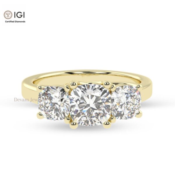 Trio Cushion Square Solitaire Women's Ring Made in 18kt Gold Studded With VVS Lab Grown Diamond, Custom Iced Out Engagement Wedding Ring