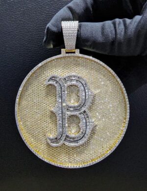 B Letter Circle Pendant Fully Iced out in Gold Studded with VVS Colorless Moissanite Stone, Customized Pendant ,Birthday / Anniversary Gift
