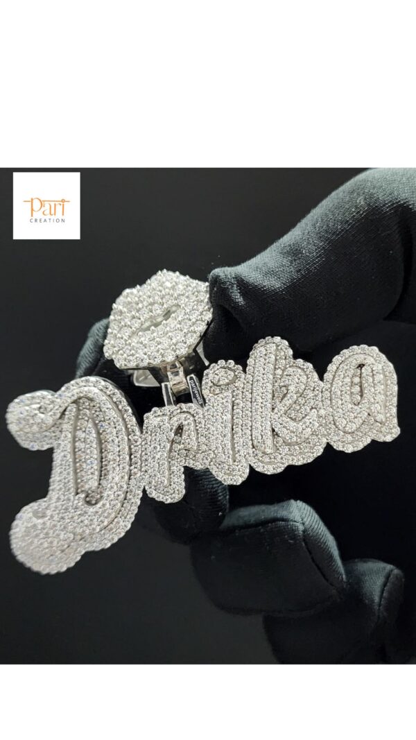 Iced out Customized Name Pendant Made In 18kt Gold Plated Embellished With Shiny VVS Moissanite Diamonds For Birthday And Anniversary Gift