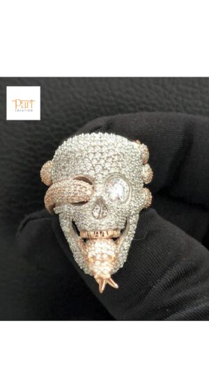3D Skull Face Snake Ring Made in 925 Sterling Silver Studded with VVS Colorless Moissanite Stone, Unisex Ring, Hip Hop Ring, Unique Style