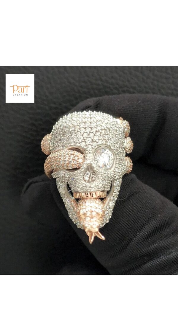 3D Skull Face Snake Ring Made in 925 Sterling Silver Studded with VVS Colorless Moissanite Stone, Unisex Ring, Hip Hop Ring, Unique Style