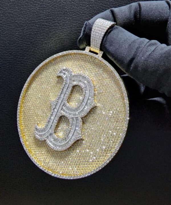B Letter Circle Pendant Fully Iced out in Gold Studded with VVS Colorless Moissanite Stone, Customized Pendant ,Birthday / Anniversary Gift