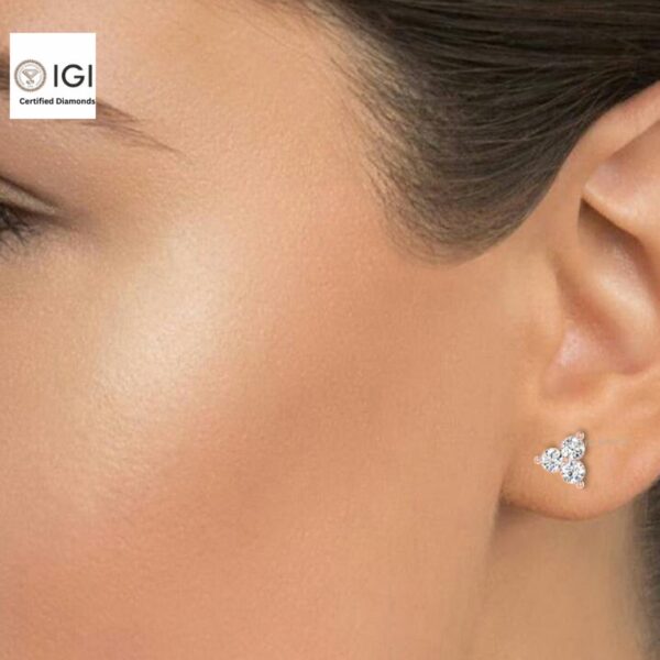 Three Stone Women's Screw Back Certified Earring in 18kt Gold Studded With VVS Lab Grown Diamond, Custom Earring, Trendy Jewelry, Gift, Sale