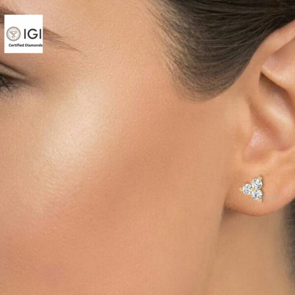 Three Stone Women's Screw Back Certified Earring in 18kt Gold Studded With VVS Lab Grown Diamond, Custom Earring, Trendy Jewelry, Gift, Sale