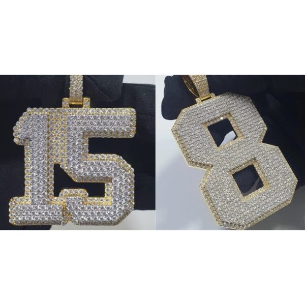 Golden Numbers 2"Long & 2"Wide Made With 14 KT Gold/10 KT Gold Embellished With Moissanite Diamonds Available In Single / Double Digit Both.