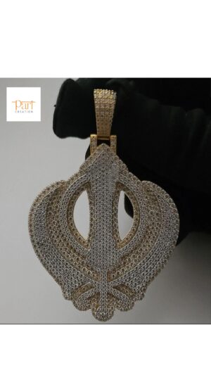 Iced out 3D Two Tone Khanda Pendant in 925 Sterling Silver Embellished With VVS Moissanite Diamonds, Sikh Religious Pendant Style, Gift