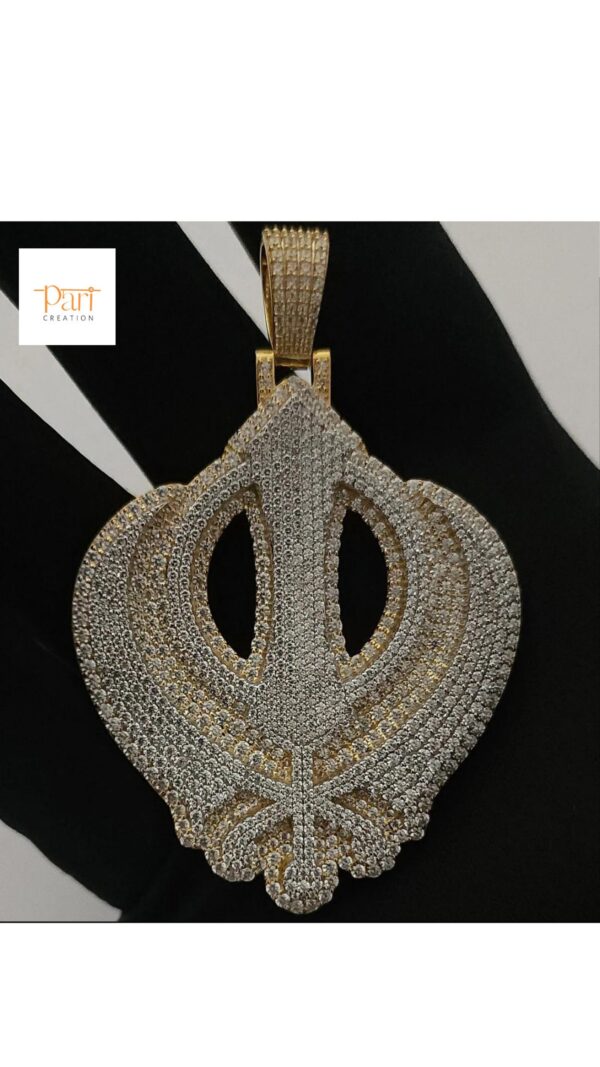 Iced out 3D Two Tone Khanda Pendant in 925 Sterling Silver Embellished With VVS Moissanite Diamonds, Sikh Religious Pendant Style, Gift