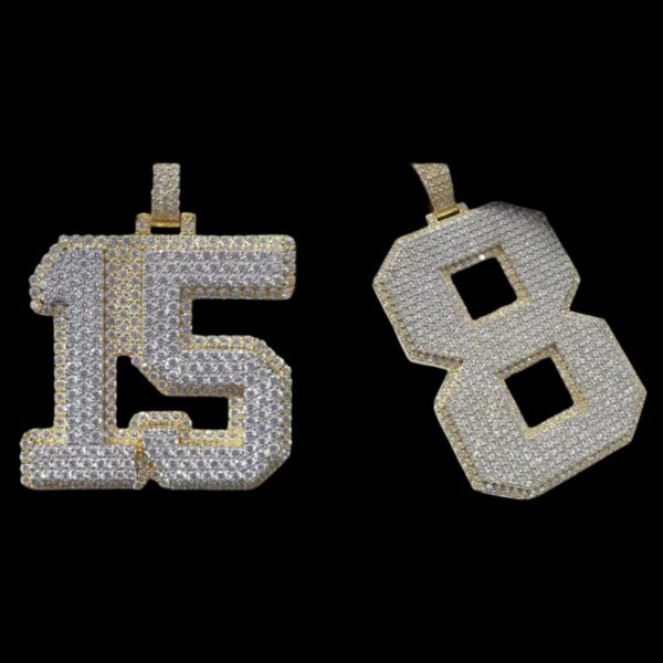 Golden Numbers 2"Long & 2"Wide Made With 14 KT Gold/10 KT Gold Embellished With Moissanite Diamonds Available In Single / Double Digit Both.
