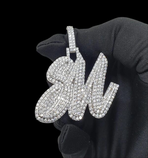 Customized Any two Letter Pendant 2" Long Made in 10k Gold/925 Silver Studded with Colorless VVS Moissanite Stone, Fully Studded Pendant
