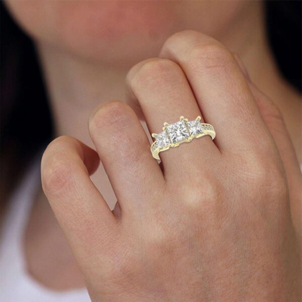 3 Stone Princess Cut Diamond Ring Made In 18 / 14 /10 KT Gold Studded With Certified Lab Diamonds For Anniversary And Birthday Gift