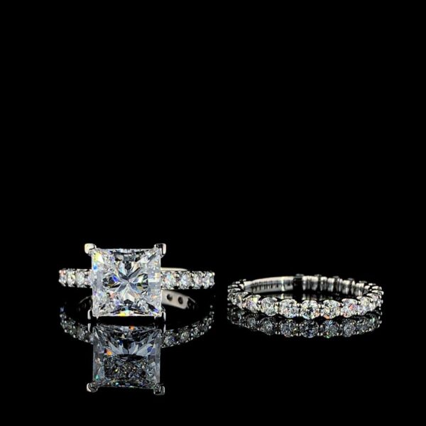 Solitaire Princess 4CT Diamond Ring With Band Made In 18/14/10KT Gold Studded With Shinny Moissanite Diamond For Anniversary Gift For Her