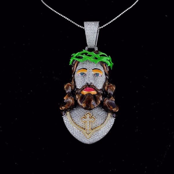 Iced Out Jesus Face Enamel Pendant Made in 925 Sterling Silver Embellished With Shinny Moissanite Diamonds For Religious And Memorial Gift