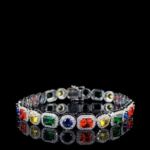 Multi Color Stone Diamond Bracelet Made In 925 Sterling Silver Embellished With Shinny Moissanite Diamonds For Birthday And Anniversary Gift