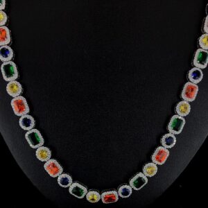 Multi Color Stone Diamond Necklace Made In 925 Sterling Silver Embellished With Shinny Moissanite Diamond For Birthday And Anniversary Gift
