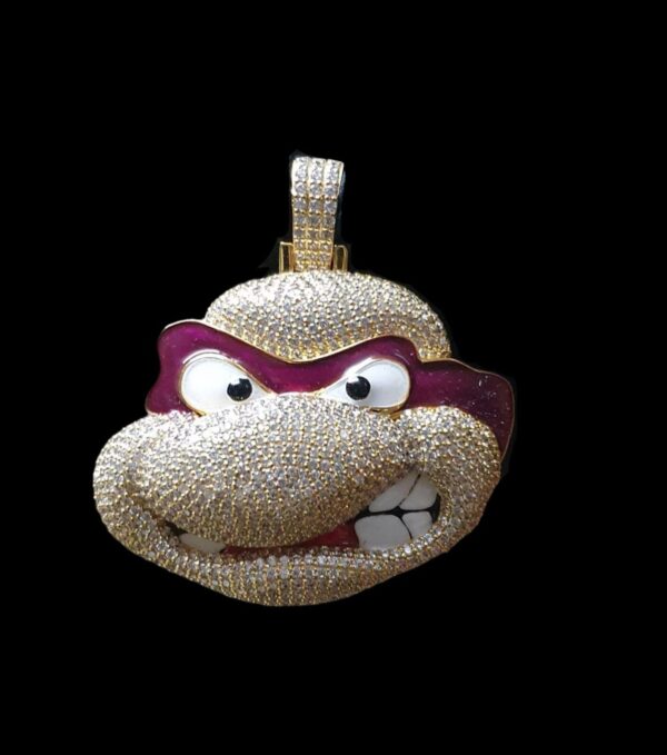 Beautiful 3D Turtles Face Pendant Made In 925 Sterling Silver Embellished With Shinny Moissanite Diamonds With Night Glow Enamel Pendant