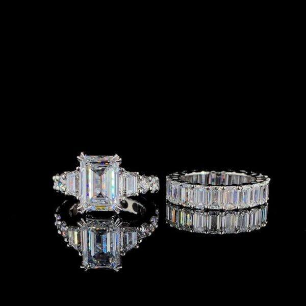 Iced Out Emerald Ring And Band Combo Made In 18 / 14 / 10 KT Gold Studded With Certified Lab Diamonds For Birthday And Anniversary Gift