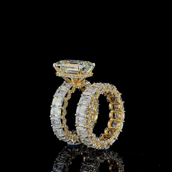 Iced Out Emerald Ring And Band Combo Made In 18 / 14 / 10 KT Gold Studded With Shinny Moissanite Diamonds For Birthday And Anniversary Gift