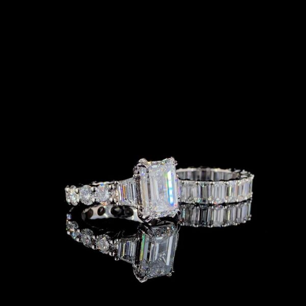 Iced Out Emerald Ring And Band Combo Made In 18 / 14 / 10 KT Gold Studded With Certified Lab Diamonds For Birthday And Anniversary Gift