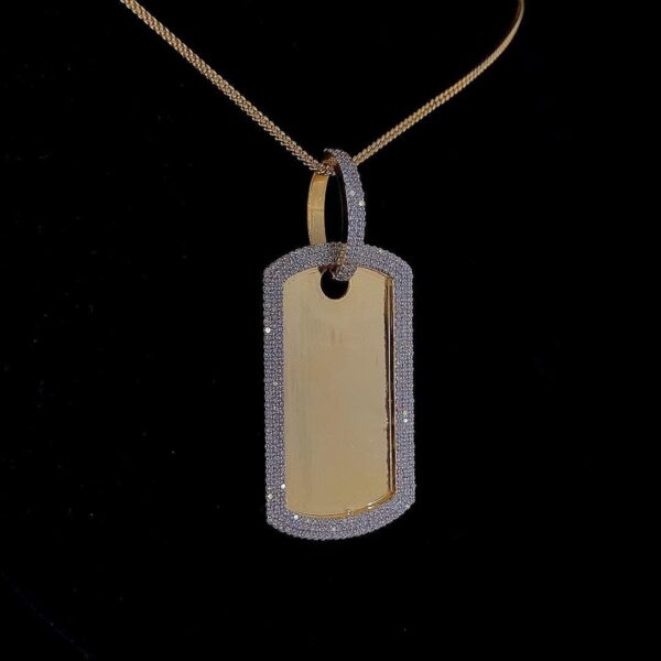 Iced Out Dog Tag Pendant Made In 18 / 14 / 10 KT Gold Embellished With Shinny Moissanite Diamonds For The Pet Lover Show Of Love Towards Dog