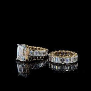 Iced Out Emerald Ring And Band Combo Made In 18 / 14 / 10 KT Gold Studded With Shinny Moissanite Diamonds For Birthday And Anniversary Gift