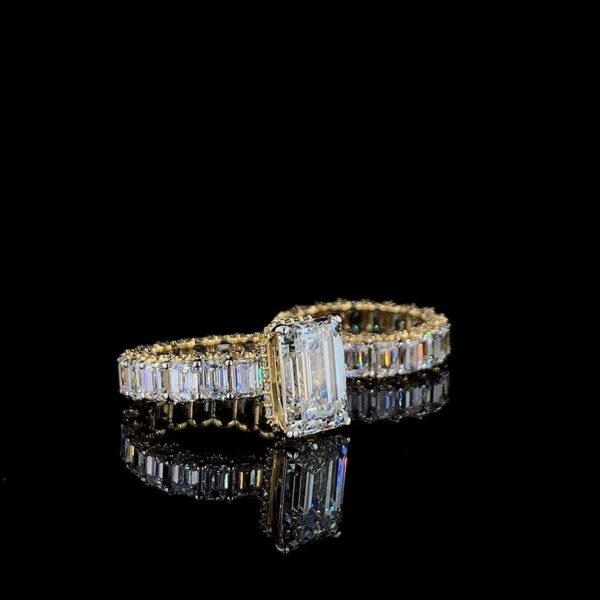 Iced Out Emerald Ring And Band Combo Made In 18 / 14 / 10 KT Gold Studded With Shinny Moissanite Diamonds For Birthday And Anniversary Gift