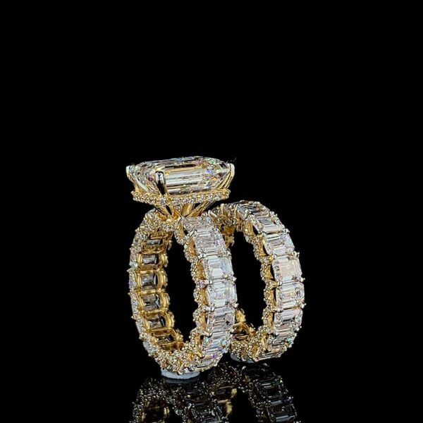 Iced Out Emerald Ring And Band Combo Made In 18 / 14 / 10 KT Gold Studded With Shinny Moissanite Diamonds For Birthday And Anniversary Gift