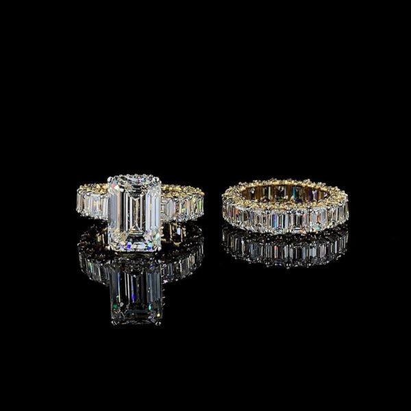 Iced Out Emerald Ring And Band Combo Made In 18 / 14 / 10 KT Gold Studded With Shinny Moissanite Diamonds For Birthday And Anniversary Gift