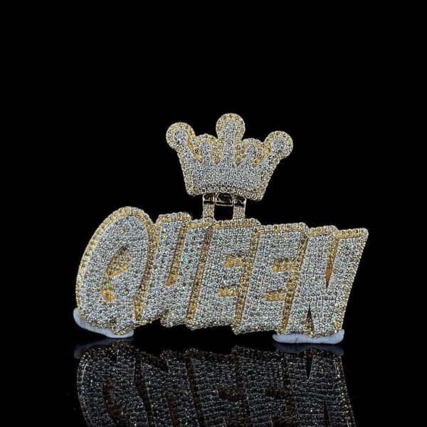 Iced Out Queen Pendant Made In 18 / 14 / 10 KT Gold Embellished With Shinny Diamonds For The Birthday And Anniversary Gift For Her
