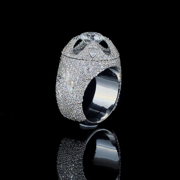 Iced Out Unique Setting Hip Hop Ring Made In 18 / 14 / 10 KT Gold Studded With Shinny Moissanite Diamonds For The Birthday And Unisex Gift