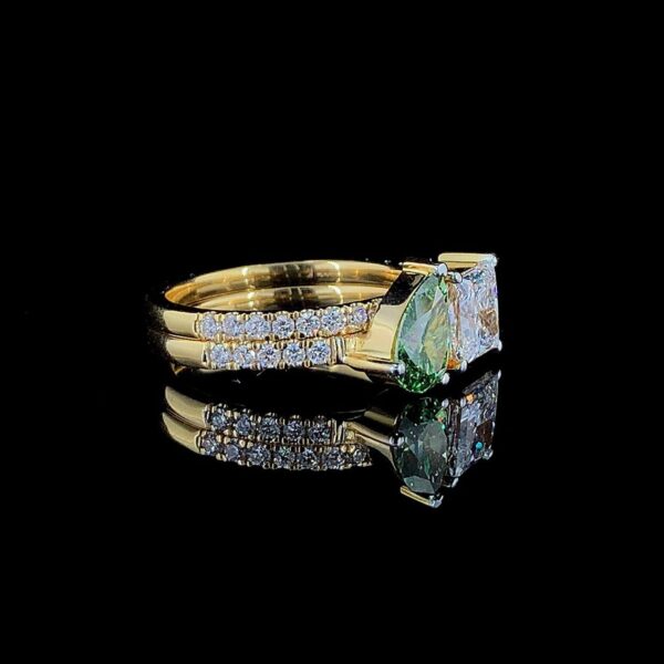 Luxury Green Pear & Princess Diamond Ring Combo Made In 18/14/10 KT Gold Studded With Certified Lab Diamonds For The Wedding Gift For Her