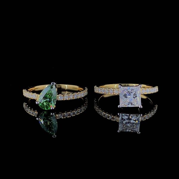 Luxury Green Pear & Princess Diamond Ring Combo Made In 18/14/10 KT Gold Studded With Certified Lab Diamonds For The Wedding Gift For Her