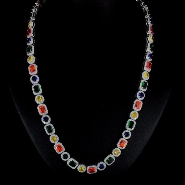 Multi Color Stone Diamond Necklace Made In 925 Sterling Silver Embellished With Shinny Moissanite Diamond For Birthday And Anniversary Gift